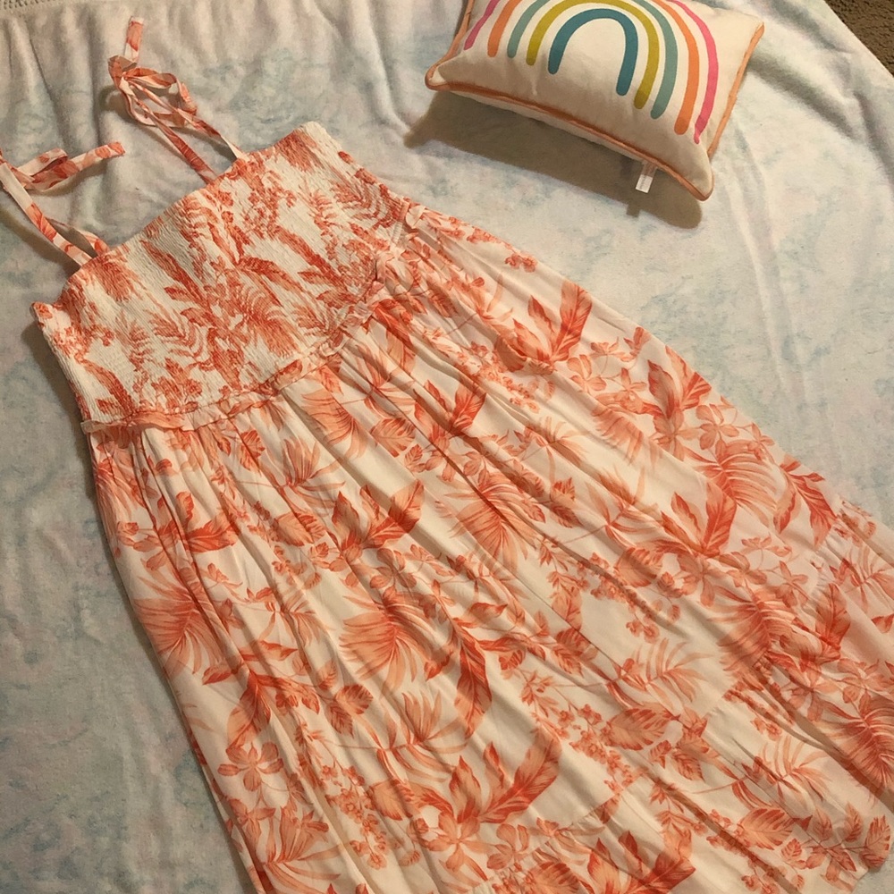 Coral and white tropical dress